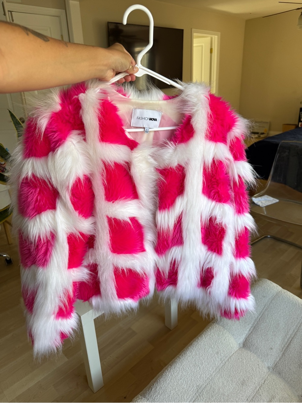 Fashion Nova Girls Hot Pink & White Faux Fur Pea Coat